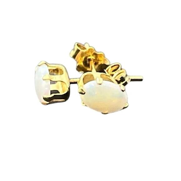 Designer Yellow Gold 6 Prong Oval Opal Solitaire Cabochon Radiant Stud Earrings - Picture 6 of 11